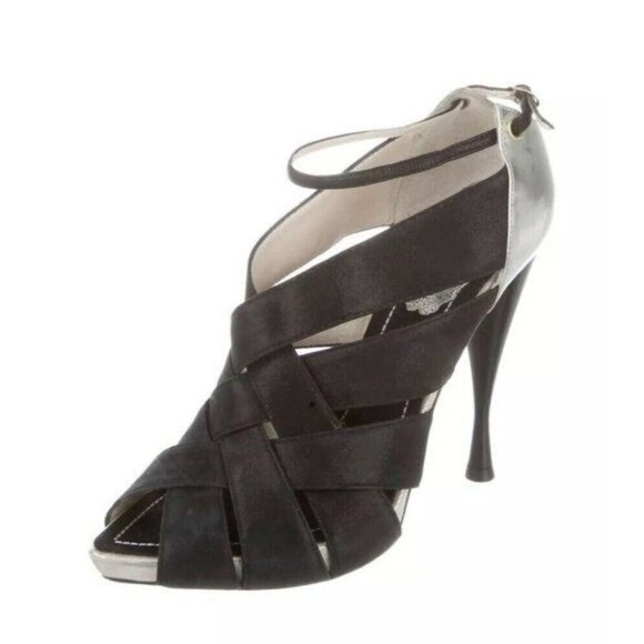 Rene Caovilla Size 6.5 Black Silver Strappy Leather Open-Toe Heels Ankle Strap
